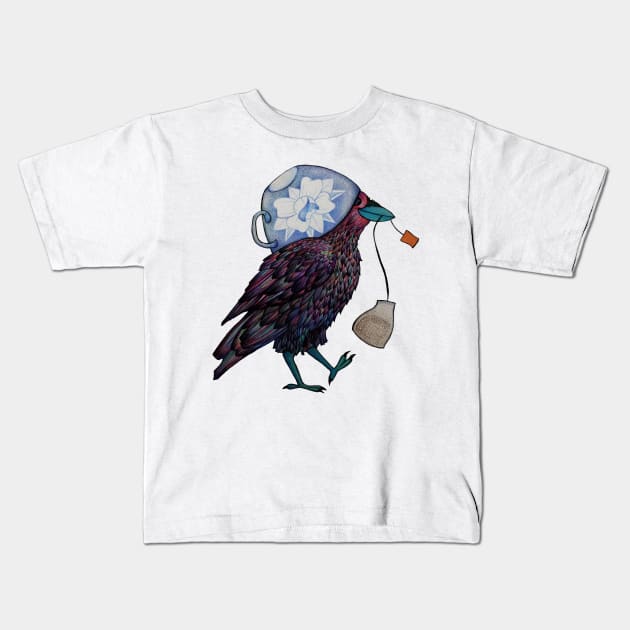 Happy little tea crow Kids T-Shirt by fun chaos amy